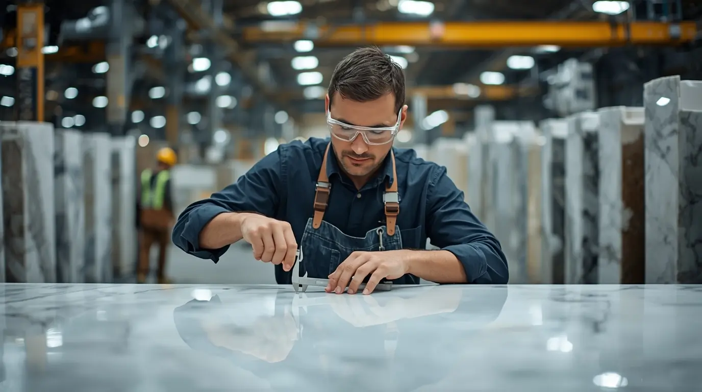 Professional stone inspector in a Turkish marble factory