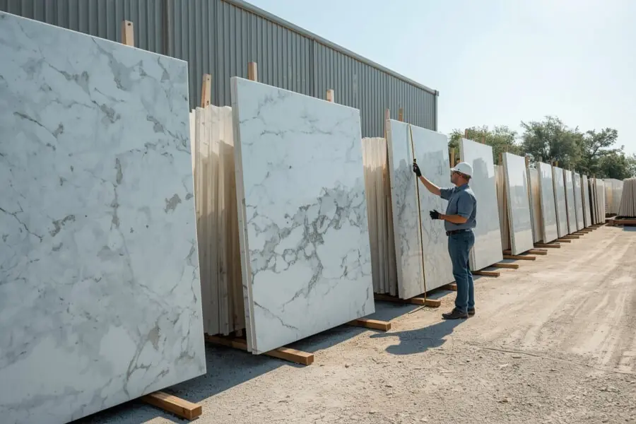 marble and quartzite slabs in Texas slab yard