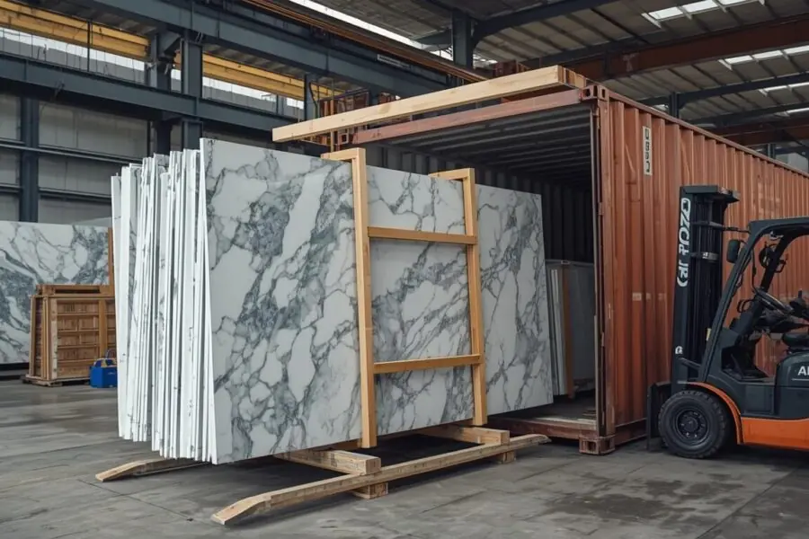 marble slabs loaded into shipping container
