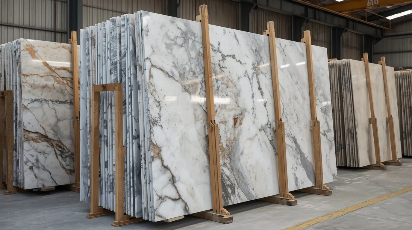 marble slabs in wooden shipping bundles